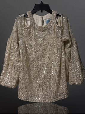 CeCe Sequined Cold-Shoulder Top in Champagne Sparkle